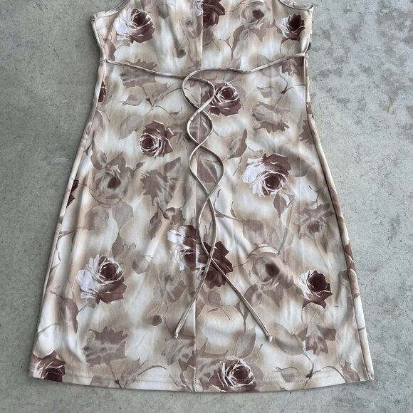 Vintage 90s Mini Dress Floral Brown Tan Made in USA Large - Picture 7 of 7